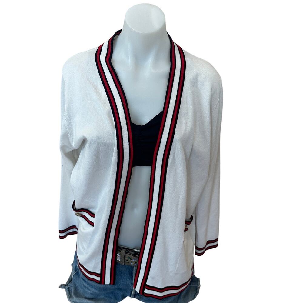Essentials by Milano White Cardigan Sweater LARGE Red Blue Trim Preppy Academia